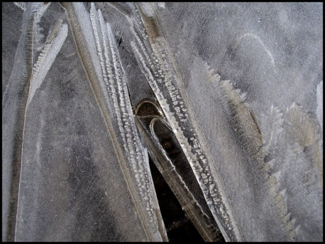 Close up of ice along a muddy road