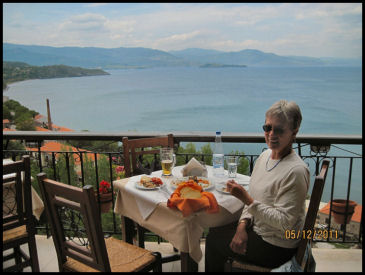 Mary Lea enjoying a wonderful meal in Molyvos on the Island of Lesvos, Greece